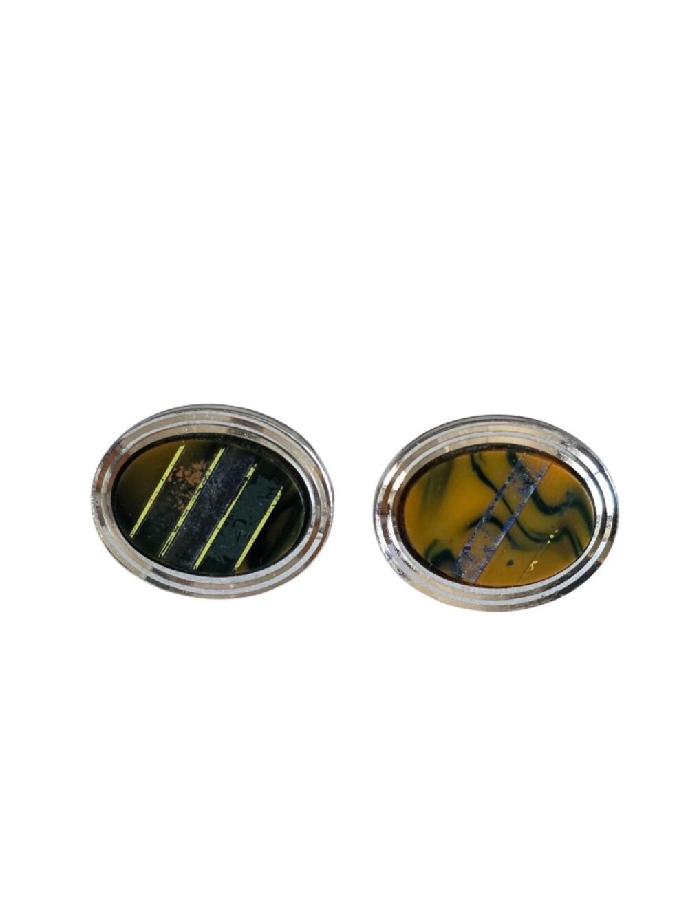 Vtg Bumblebee Jasper Silver Oval Cufflinks 1"